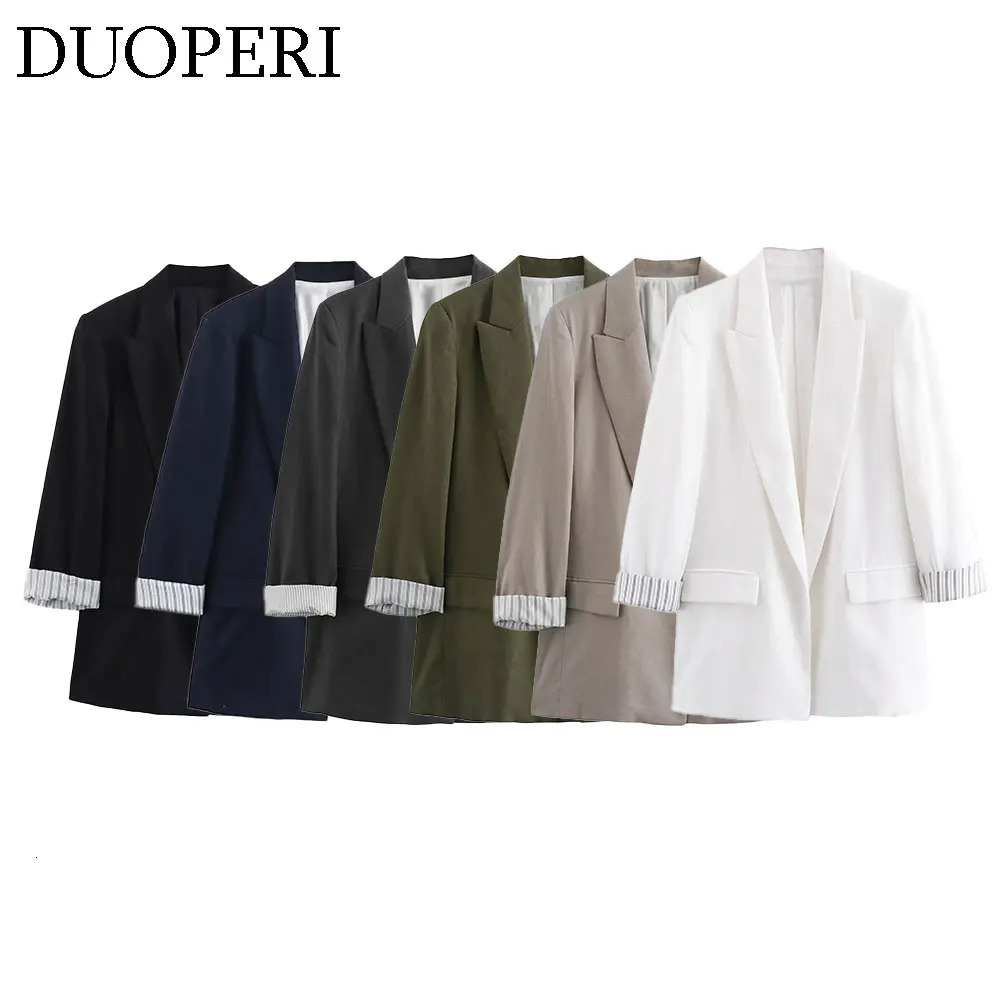 DUOPERI Womens Fashion Solid Jacket with Slotted Collar Long Rolled Sleeves Unique Office Business Set 250414Z