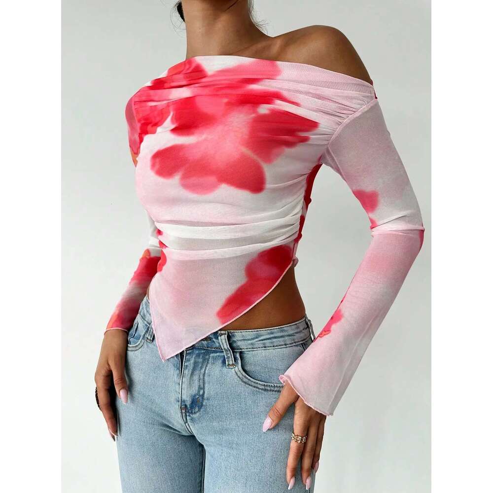 Sweet Spice Personality Style Mesh Print Diagonal Shoulder Long Sleeve Irregular Off-the-shoulder Short Top for Women