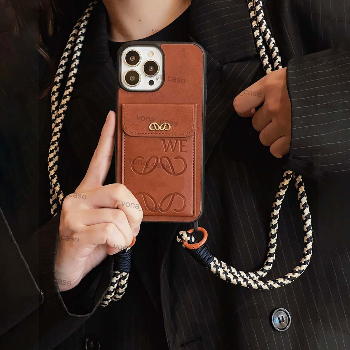 Wallet Case for iPhone 17 Pro Max 16 Pro Max 15 14 Plus 13 12 Pro Leather Designer Phone Case with Card Holders Luxury iPhone Case Slim Protective Cover with Long Rope