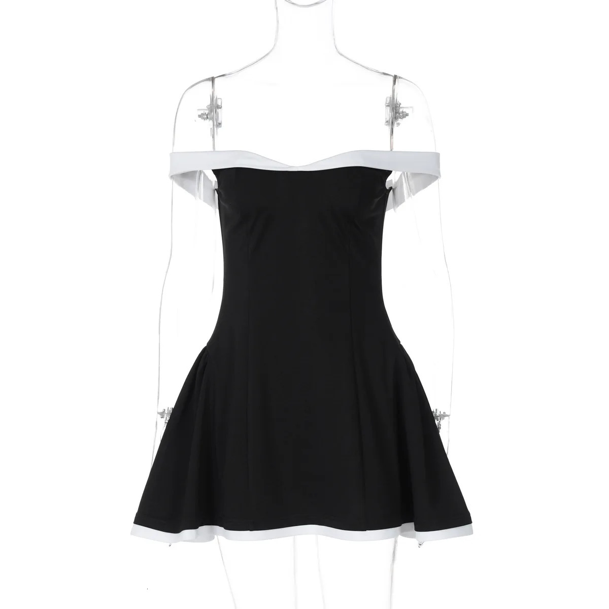 Elegant shoulder black mini dress for womens strapless party evening paired with patch sexy short skirt 250414