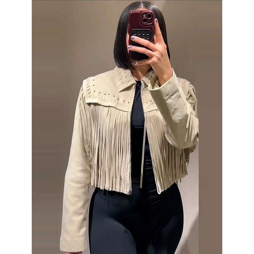 Tassel Suede Jacket Cardigan Coat Fringe Woven Retro Casual Lapel Collar Slim Fit Fashion Street Women Short Outwear Top Spring
