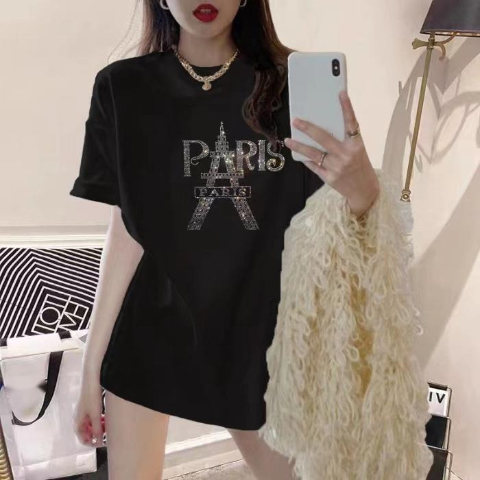 2025 Women's Designer T-shirt, Heavy Industry Hot Rolled Diamond Paris Tower Combed Cotton Short Sleeve T-shirt, White Women's Large Slim Fi