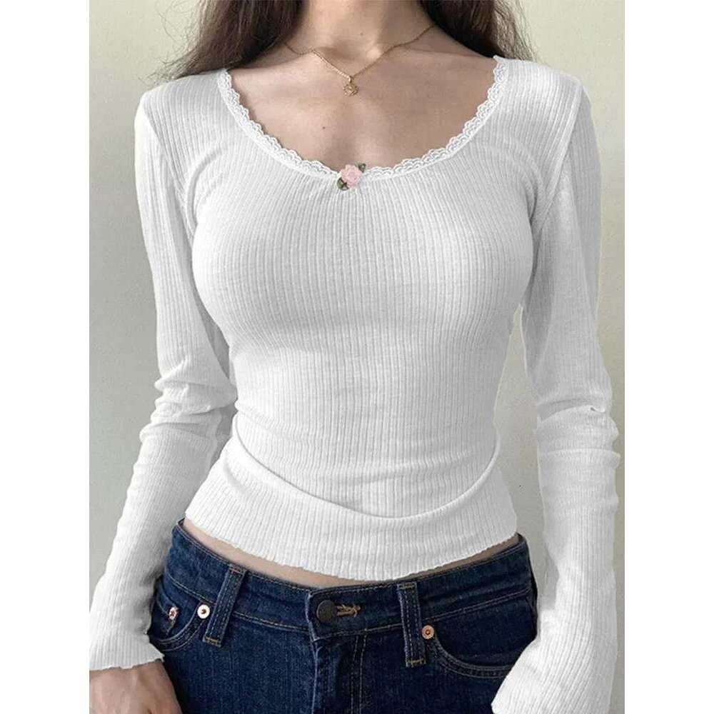 Y2k ral Lace Trim Crop Top White Knitted Slim O Neck Basic Casual T Shirt Women Chic Vintage Full Sleeve Haruku Tee Autumn