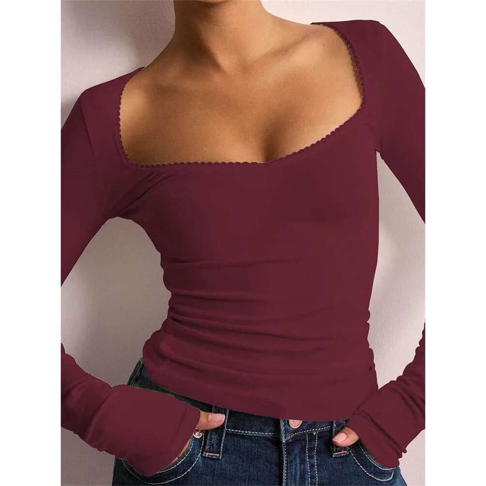 CHRONSTYLE Women T-shirts Long Sleeve Low-cut Lace Trim Solid Color Slim Fit Ladies Spring Fall Tops Streetwear Tees Shirts