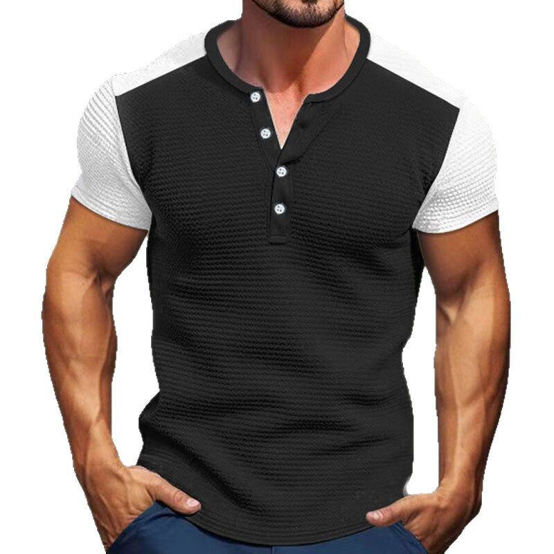 2025 New Oversized Waffle T-shirt Henry Shirt Color blocked Short Sleeve Men's