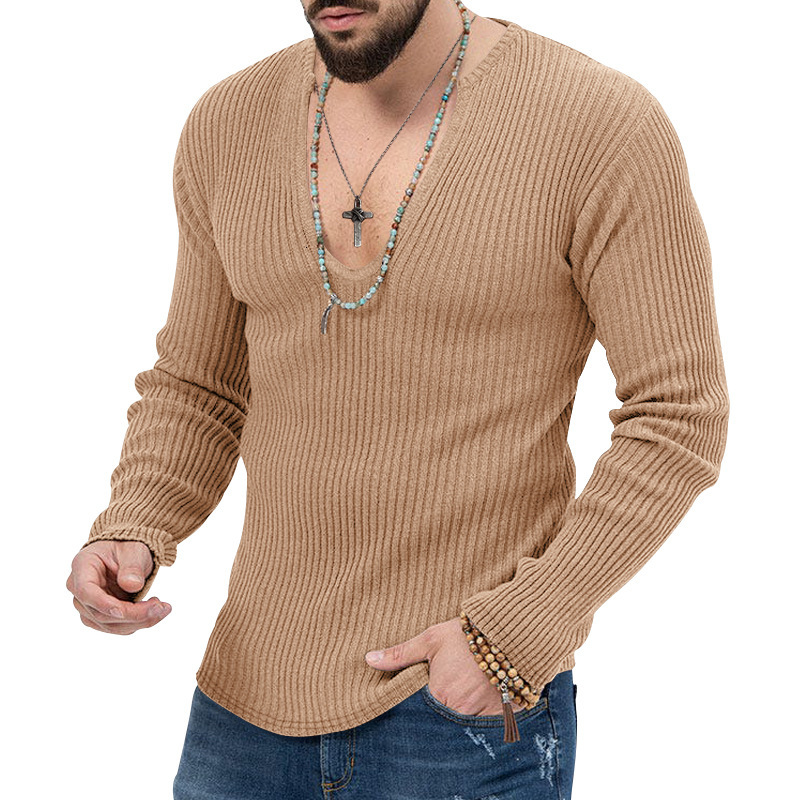 Men's clothing 2025 autumn and winter new sweater knitted solid color slim fit V-neck men's long sleeved T-shirt
