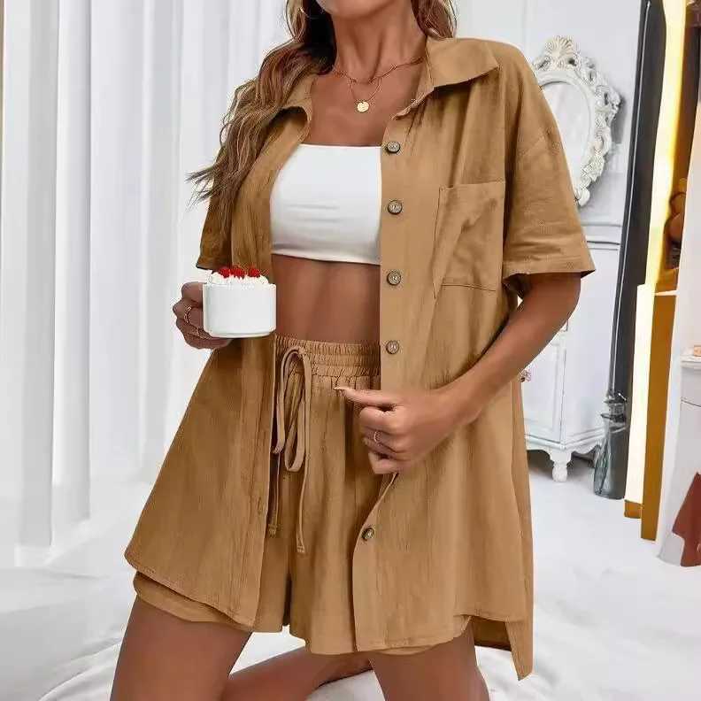 Solid color single chest casual loose shorts set womens summer womens 2-piece set full set Fe setXJ250414