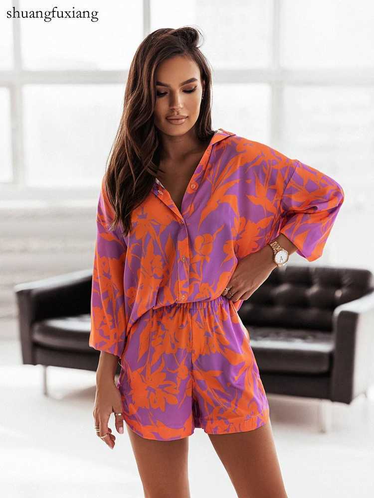 Casual Bohemian Holiday Printed Shorts Set Womens Long Sve Shirt and Shorts Two Piece Set Summer Button Shirt Two Piece SetXJ250414