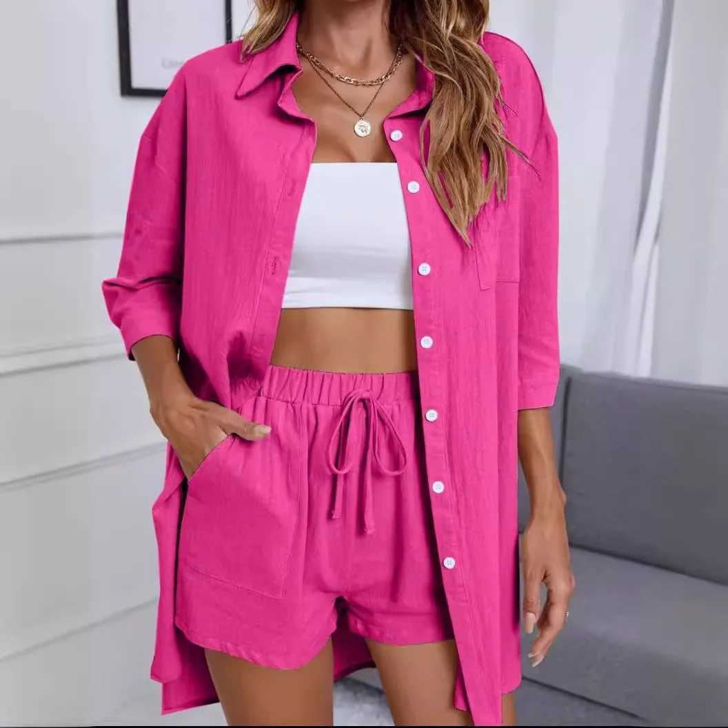 Womens solid color casual loose shorts set 2024 Ele spring and summer button top family clothing new two-piece set Fes setXJ250414
