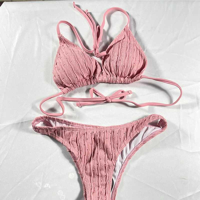 Sexy 2025 Jacquard Drawstring Two Piece Swimsuit Female Swimwear Women Bikini Set Bather Swimming Beachwear for Bathing SuitW251113