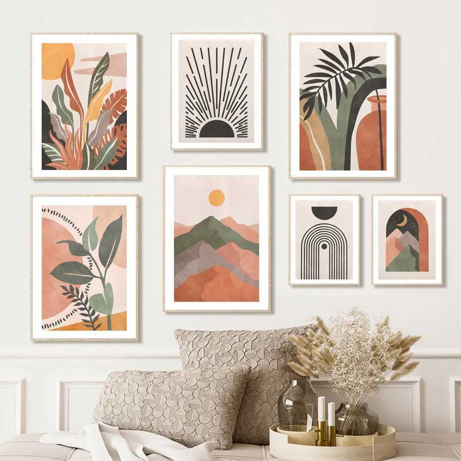 Boho Leaves Sun Moon Rainbow Landscape Wall Art Canvas Painting Nordic Posters And Prints Picture for Living Room Interior DecorM251114