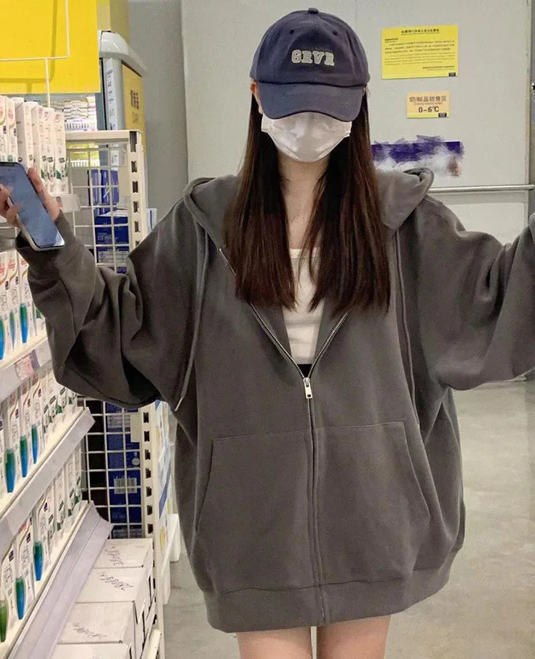 Korean fashion zipper hooded sweatshirt womens autumn long sleeved top casual Y2K streetwear Harajuku loose jacket 250414Z