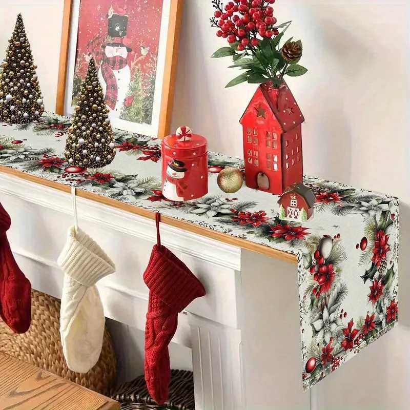 Christmas 1pc Cozy Gingerbread Christmas Table Flag with Red Poinsettia Vase for Family Gatherings and Festive Parties Y251113