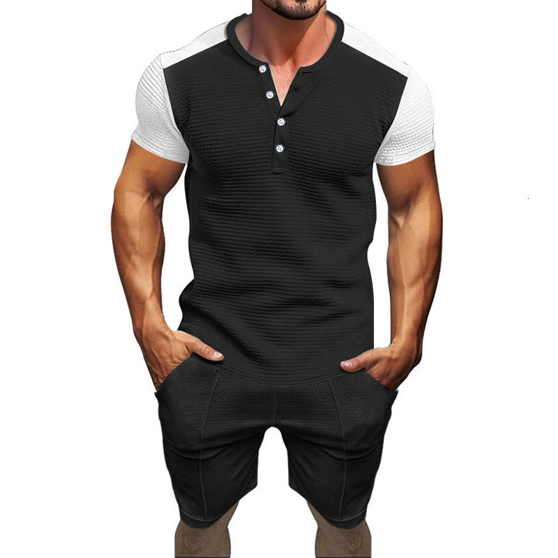 2025 Summer Fashion Light Mature Casual Color Block T-shirt Men's V-neck Single breasted Short sleeved Shorts Set