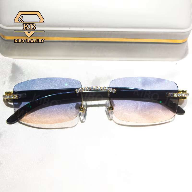 Hip-Hop Style Custom Buffalo Horn Dia Cut Rimless VVS Moissanite Men Iced Out Glasses CZ Zircon Sunglasses