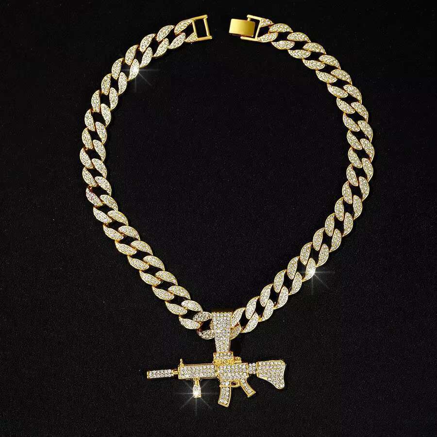 DHCollections Unisex Hip Hop Gun Pendant with Dia Crown-shaped Cuban k Punk Style Necklace Zinc Alloy Buddhism Rope Chain