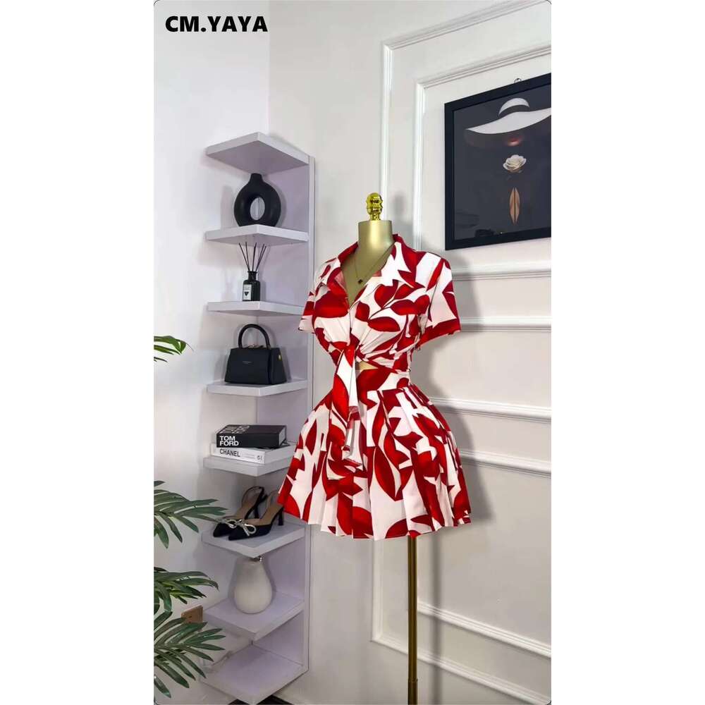 Cm.Yaya Leaf Printed Women's Set Short Sleeve Bowknot Hem Blouse Shirt And Pleated Mini Skirts Suit 2023 Two 2 Piece Sets Outfit