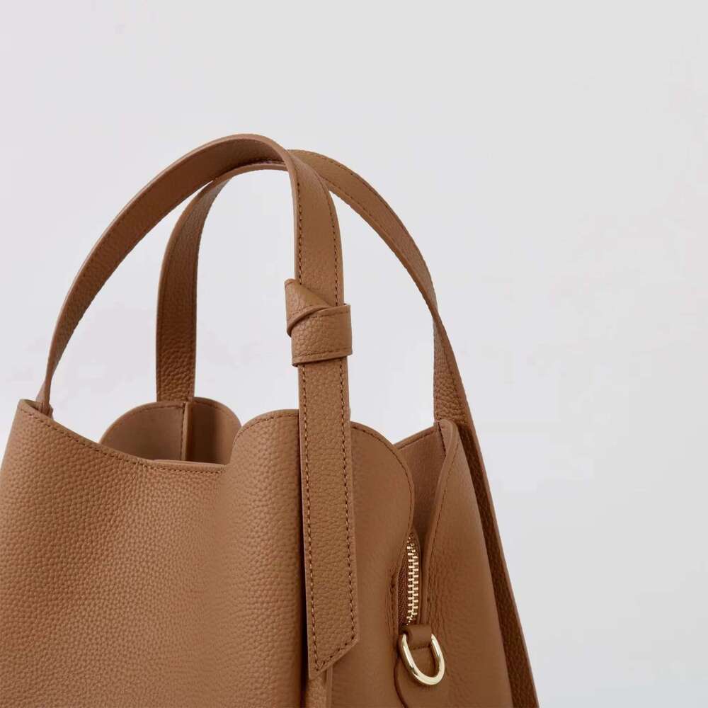 Advanced And Trendy First Layer Cow Leather Bucket Tote Grey Top Quality Thick Cowskin Commuter Female Shoulder Bag For Shopping