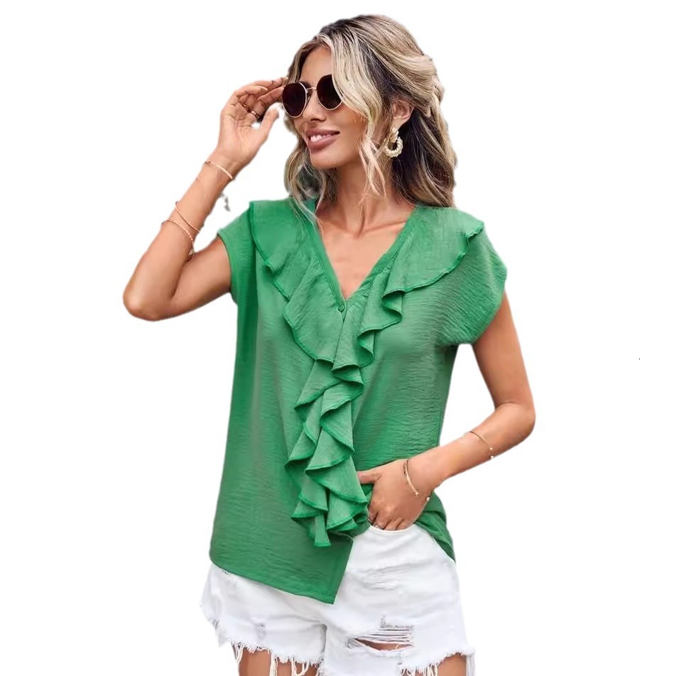 women's short sleeved V-neck ruffled cardigan loose casual shirt on the US platform