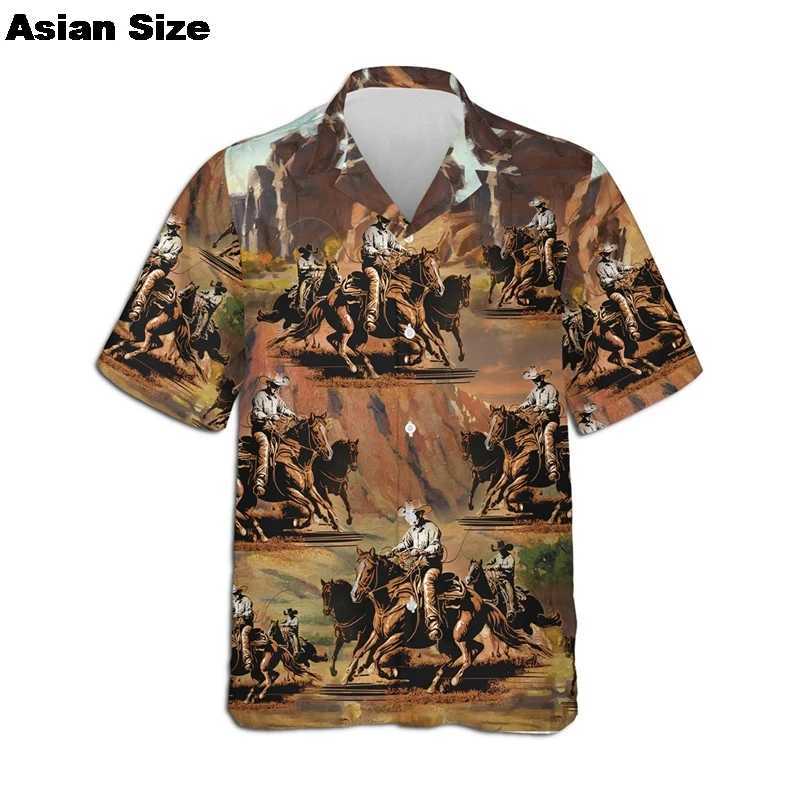 Harajuku 3D American Western Cowboy Printed Mens Shirt 2025 Fashion Street Clothing 80s Top Cool Casual Collar Shirt W250414