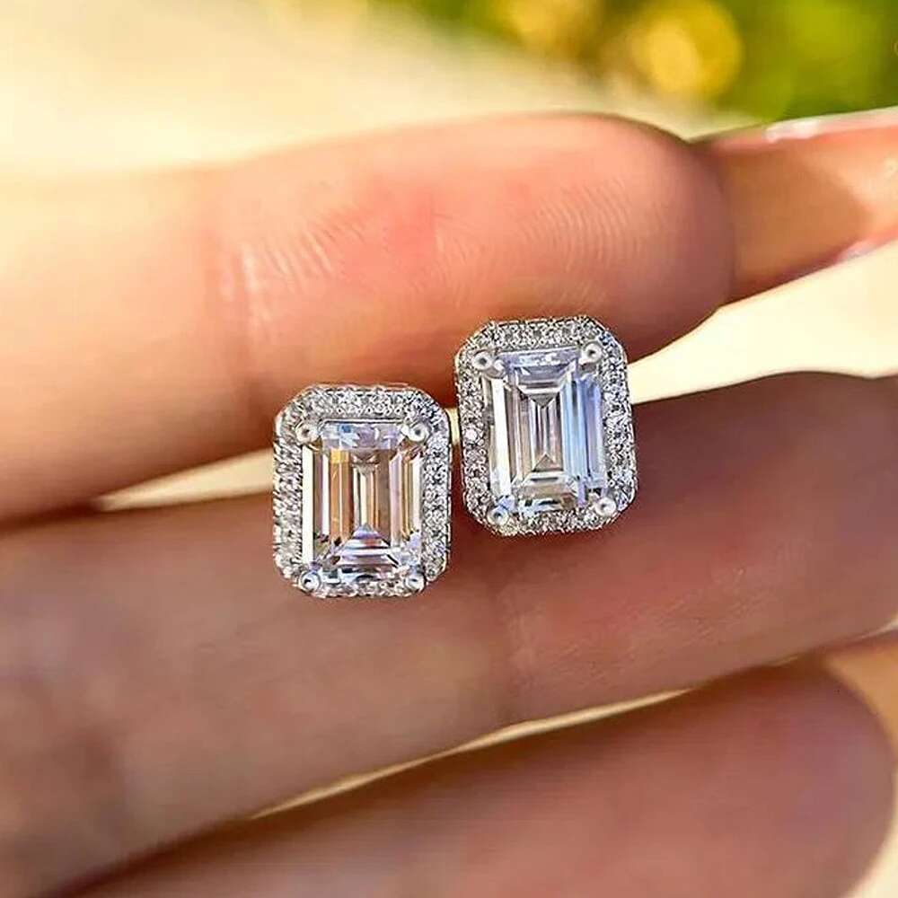 0.5/1/2ct Emerald Cut Halo Moissanite Diamond Stud Earrings 925 Sterling Silver Plated 18k Gold Earring Fine Jewelry for Women