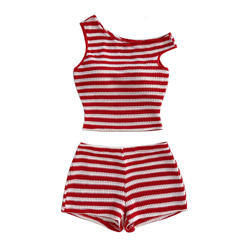 Womens clothing 2025 summer new vacation style striped vest hip hugging short set for women