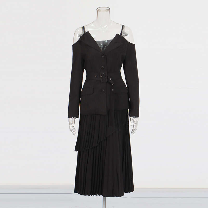 Designer Women's Elegant Minimalist Two-Piece Set with V-Neck Camisole and High-Waisted Pleated Skirt