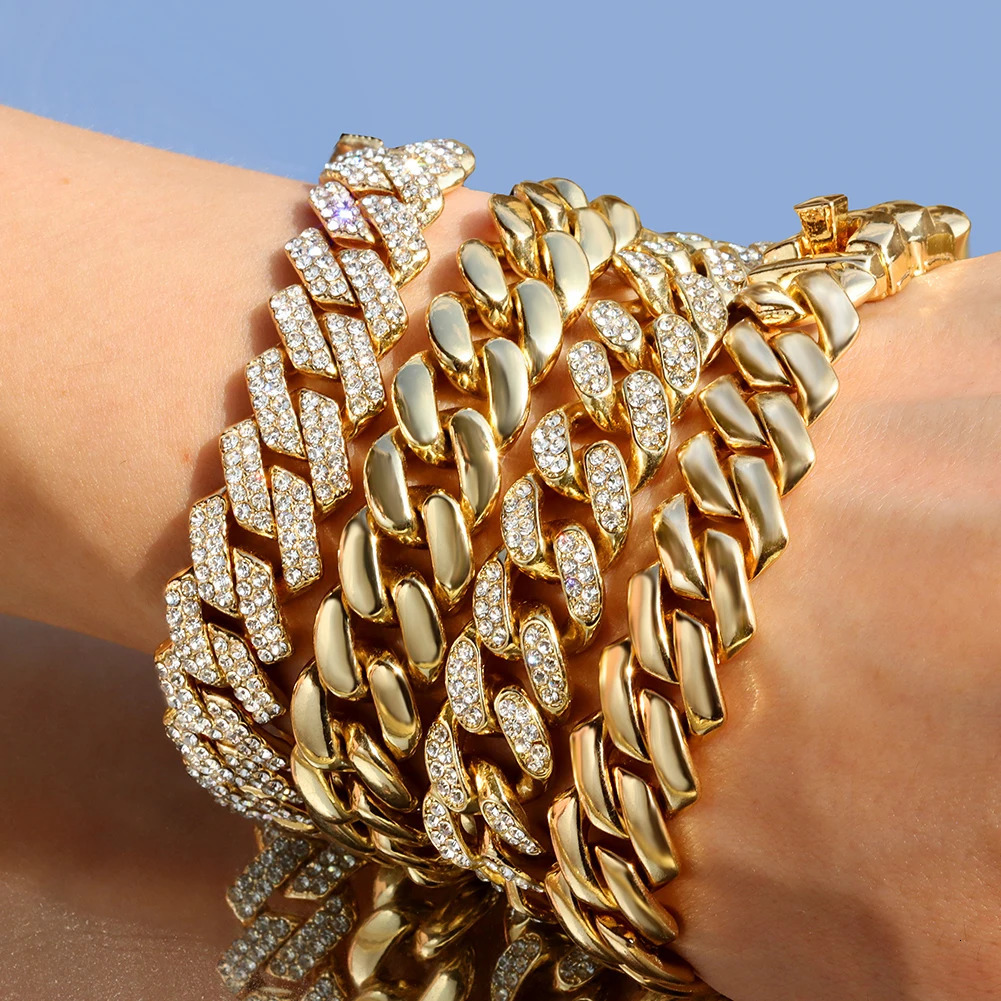 Women Cuban Chain Bracelet HipHop Bling Iced Out Chain Gold Silver Color Rhinestone Paved Chunky Metal Bracelet Men Jewelry Gift 250414
