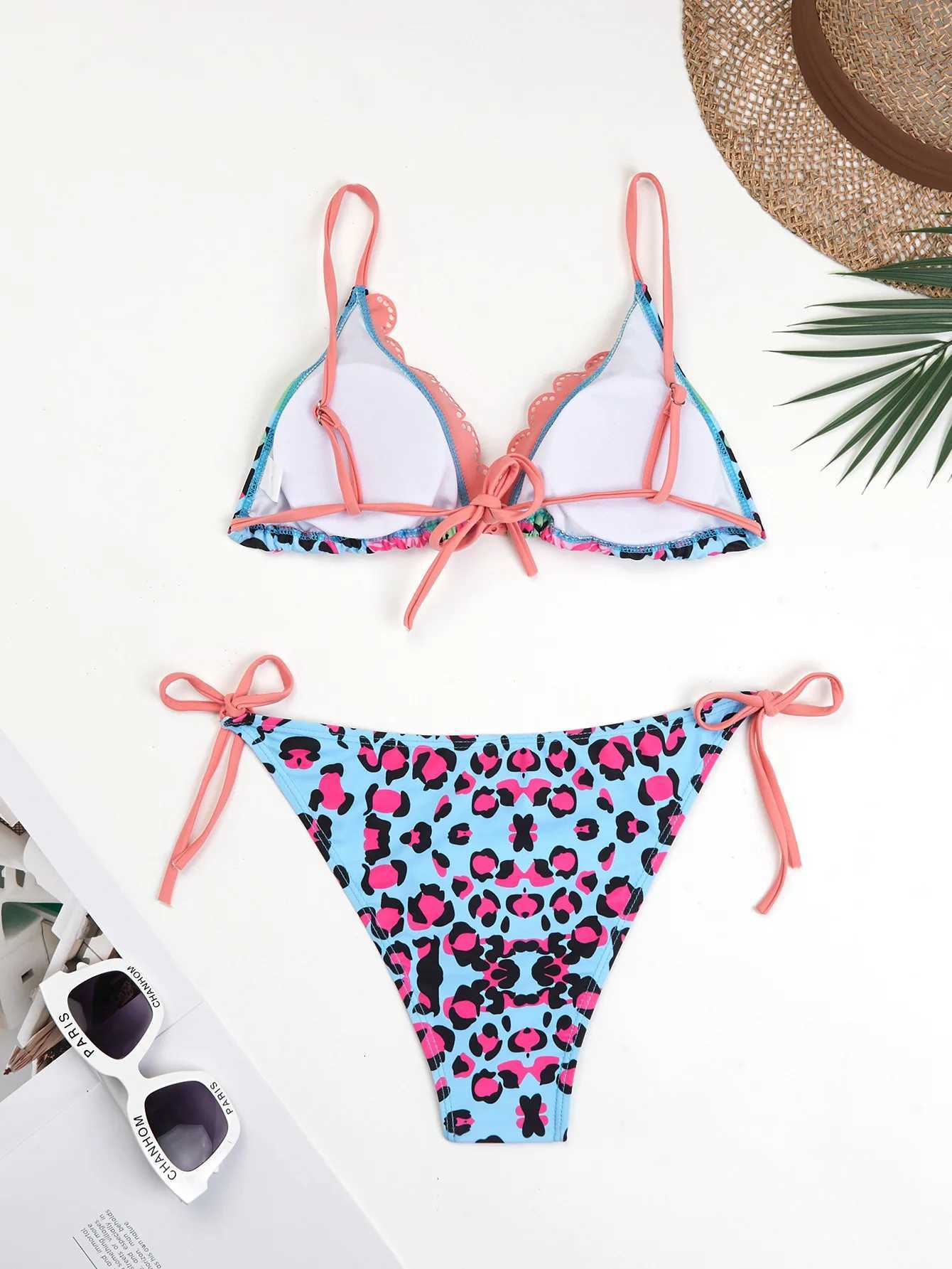2025 Sexy Leopard Print Two Piece Swimsuit Set Triangle Bra Suspender Halter Backless Bikini Set Beach Vacation Lace-up SwimwearW251113