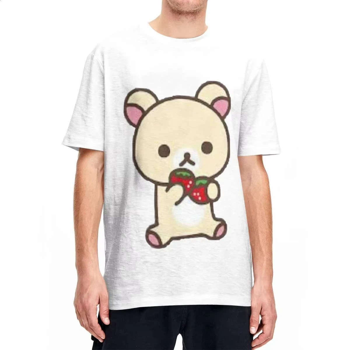 Leisure Rilakkuma Strawberry Tshirt Mens Round Neck 100 Cotton Animal Bear Short Sleeve Plus Size Top 250407