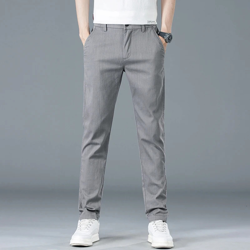 Mens slim fit straight casual pants for spring and summer solid color Korean elastic business cotton mens 250414Z