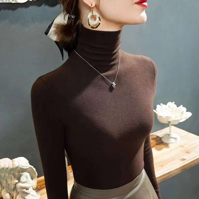 2025 Fashion Autumn Winter Female Turtleneck Fleece Stretch Shirt Women Long Sleeve T-shirt Warm Basic Pullover Bottoming Tops