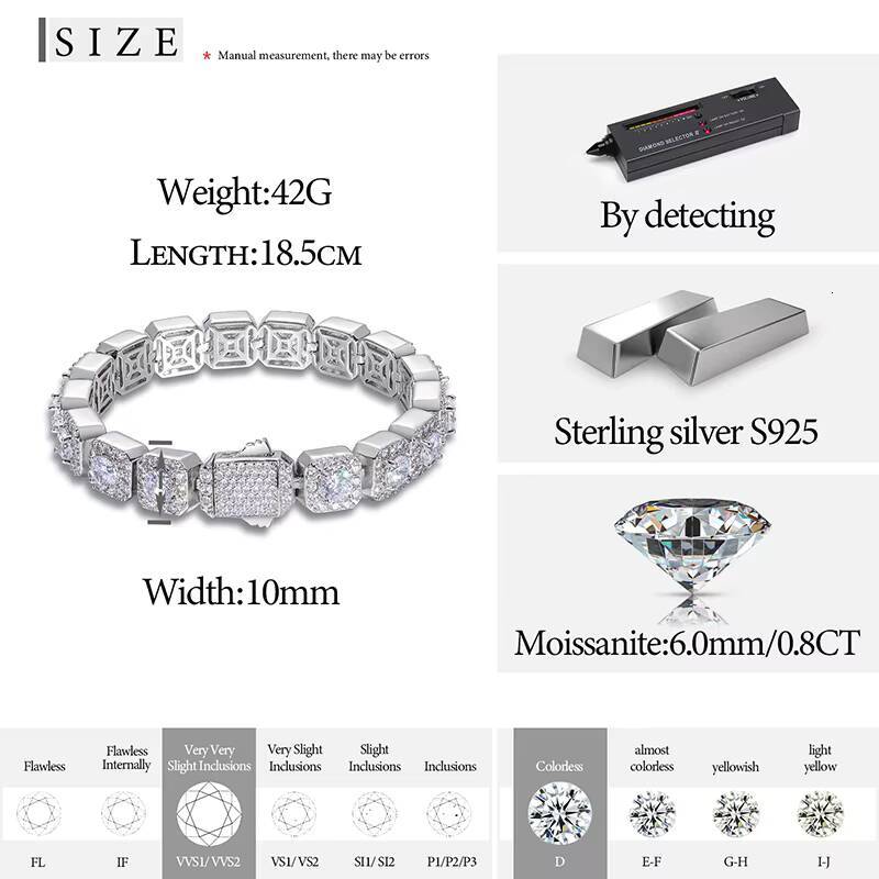 Dropshipping Fashion Men Jewelry Fine Iced Out 10mm 925 Sterling Silver VVS Moissanite Tennis Chain Bracelet