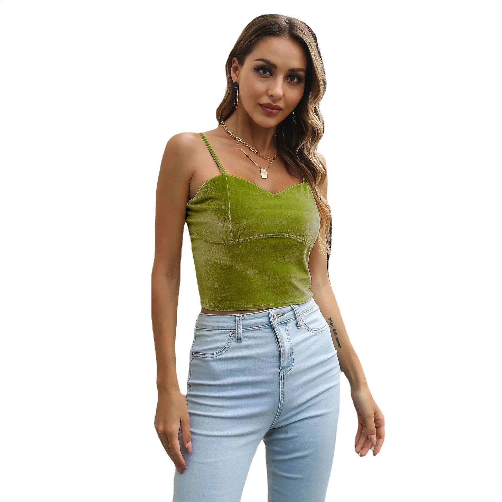 Womens sleeveless Camis Y2k clothing spaghetti shoulder strap tank top velvet suspender crop solid tight basic street 250407