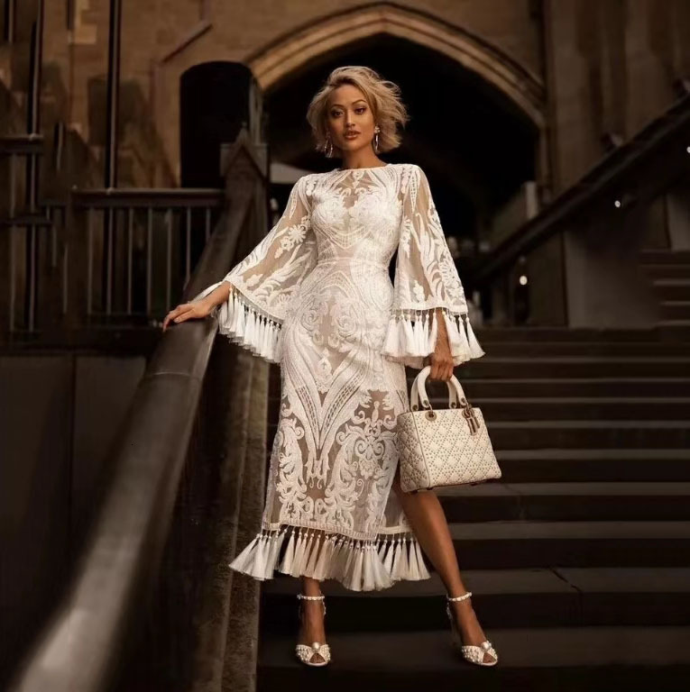 2025 Spring New Womens Embroidered Dress White Tassel Dress Lace Dress