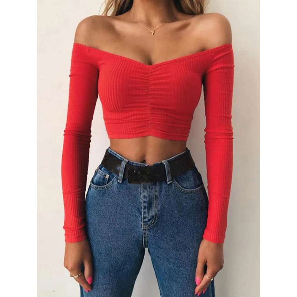Women T-shirts sexy and club fashion female T-shirt long sleeve off shoulder solid color lady Tshirt autumn basic tees