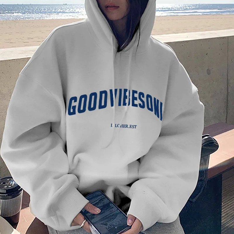 Autumn wool hoodie solid color letter Korean fashion sportswear long sleeved drawstring pocket loose 250414Z