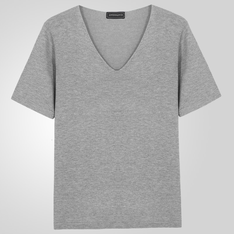 Mens thin V-neck solid color knitted shirt summer short sleeved knitted T-shirt