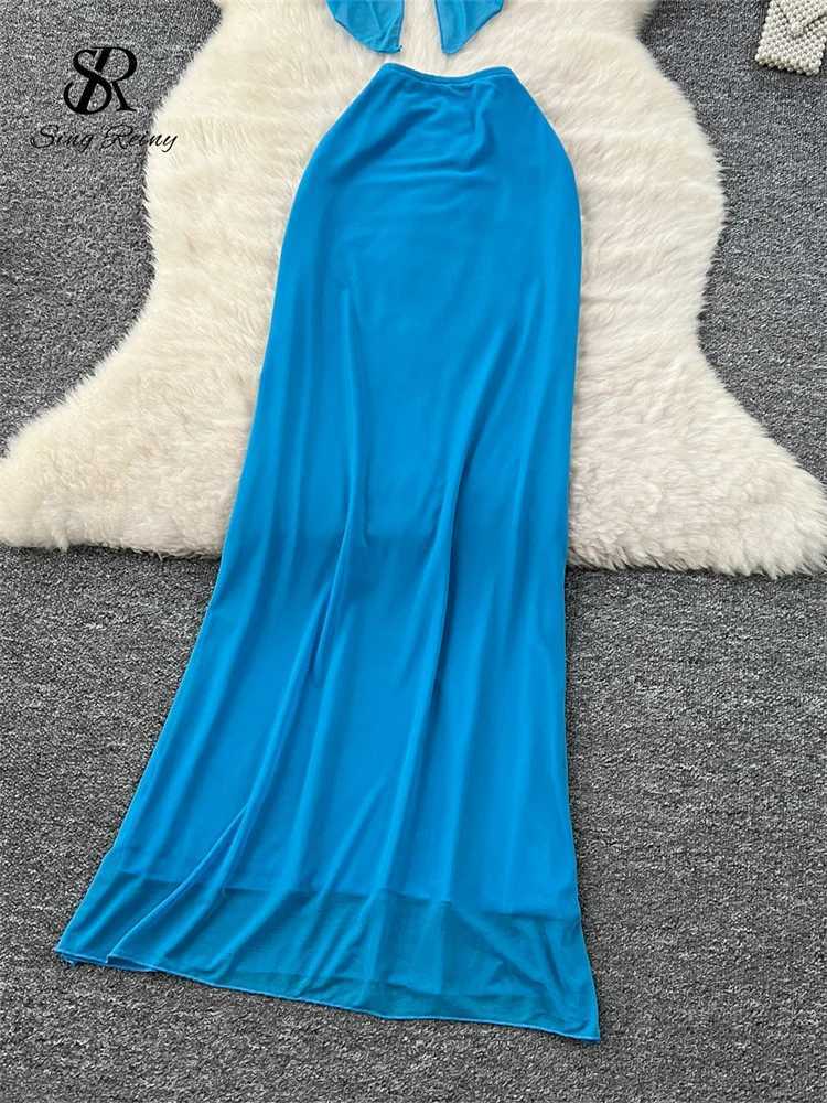 SINGREENY summer sexy beach set irregular hollow split strapless top+long body skiing womens vacation style mesh setXJ250414