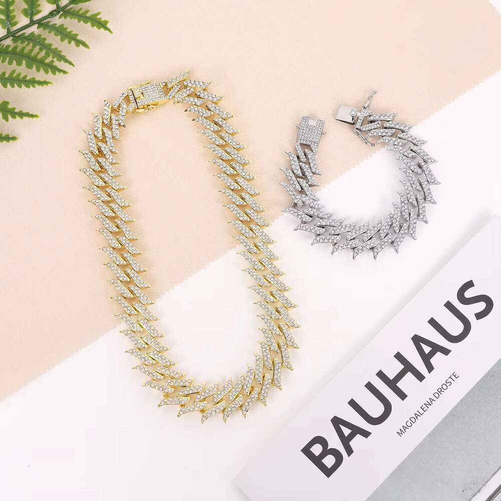 DHCollections Iced Out Cuban Link Chain Necklace for Men Women Spike Design Bling Rhinestone Hip Hop Choker Gold & Silver Plated Statement Jewellery