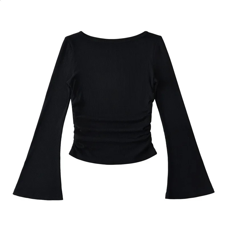 Ultra thin fit Bell sleeves American style spicy shoulder pleated weight loss top solid color arrival in autumn 250407