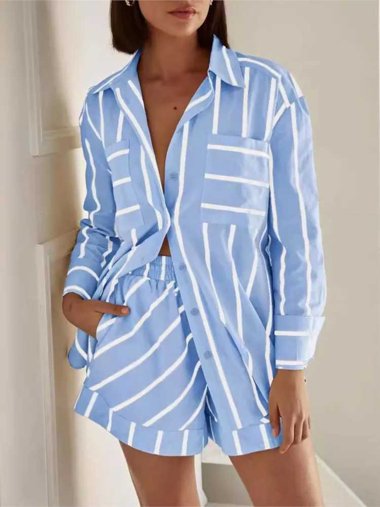 Fashion striped printed two-piece long Sve button up shirt+shorts set for womens Ele Suit 2025 Spring and Summer SetXJ250414