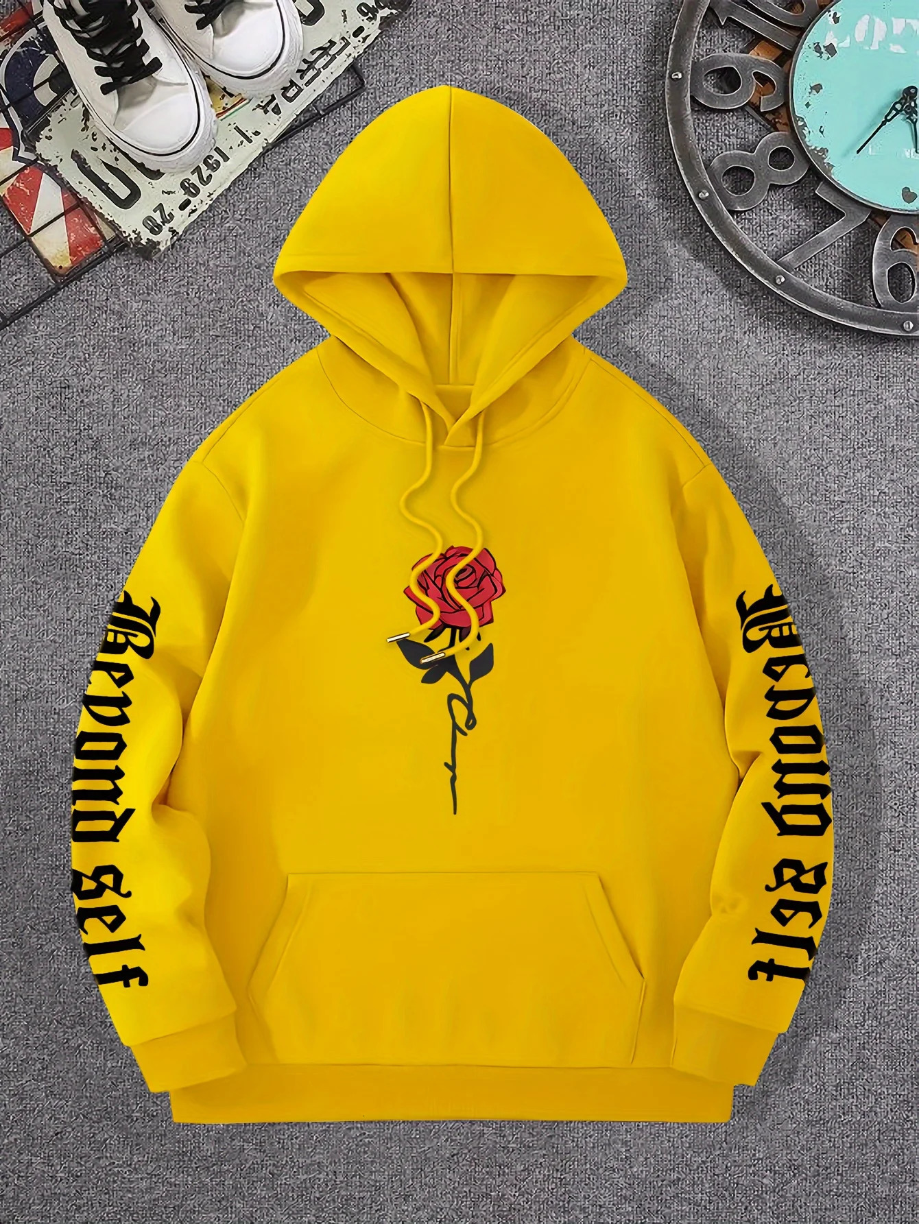 Rose Art Letter Printing Hoodie Casual Street Womens Sportswear Comfortable Wool Pulling Flower Open Collar Loose Clothing 250414Z