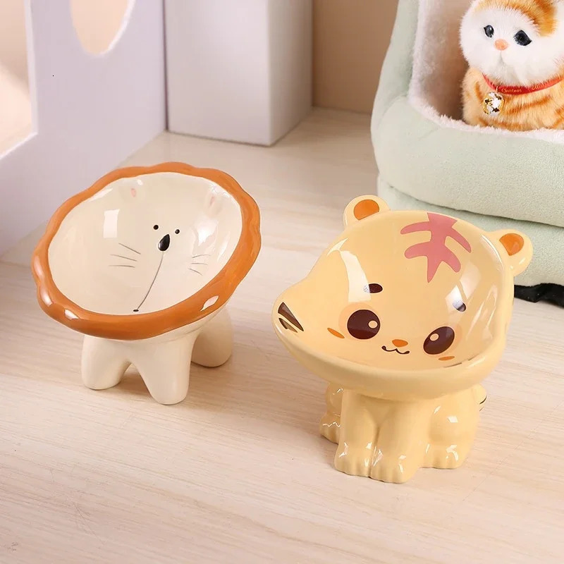 Cartoon cute pet bowl ceramic high neck protection black chin multifunctional water and food container cat and dog bowl 250414
