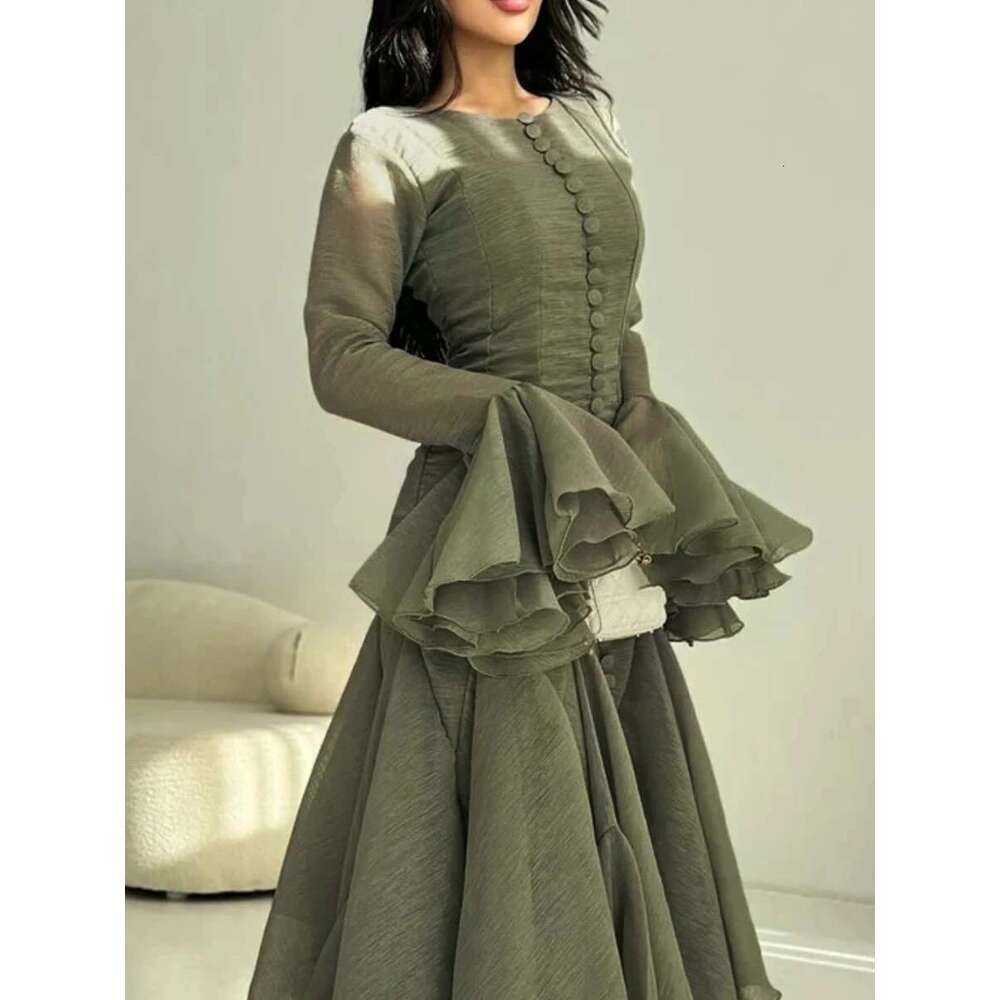 TWOTWINSTYLE Solid Slimming Spliced Folds Dresses For Women Round Neck Long Sleeves Patchwork Buttons Dress Female Clothing New