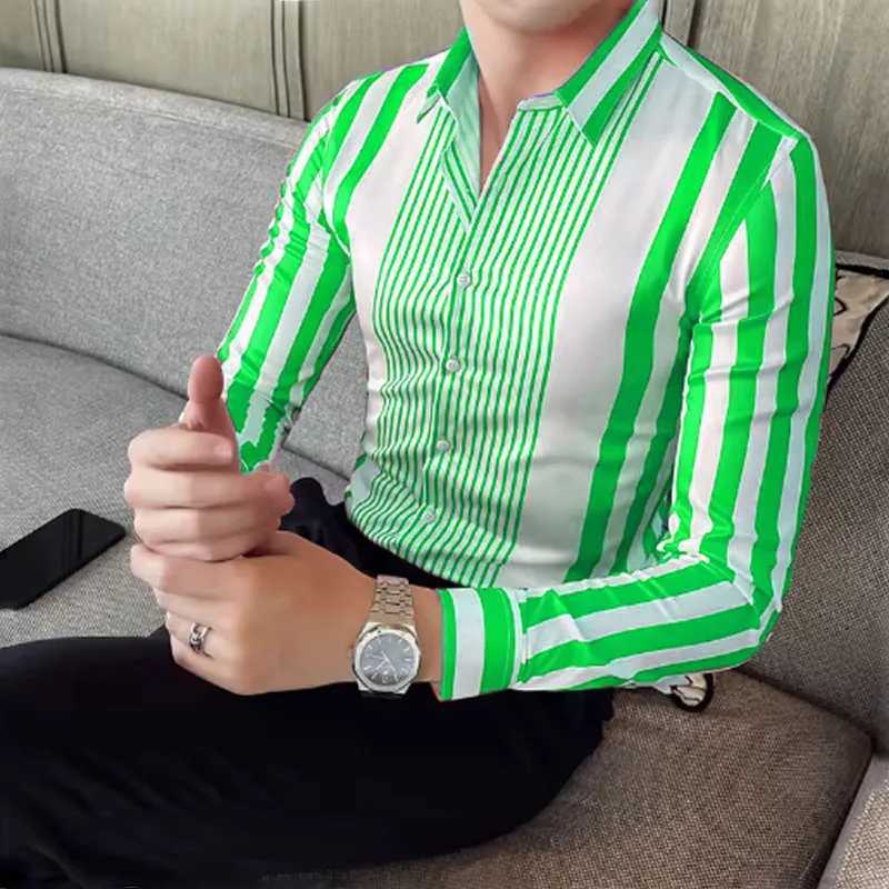 9-color striped mens casual breathable plus size mens sportswear comfortable fabric long sleeved shirt collar W250414