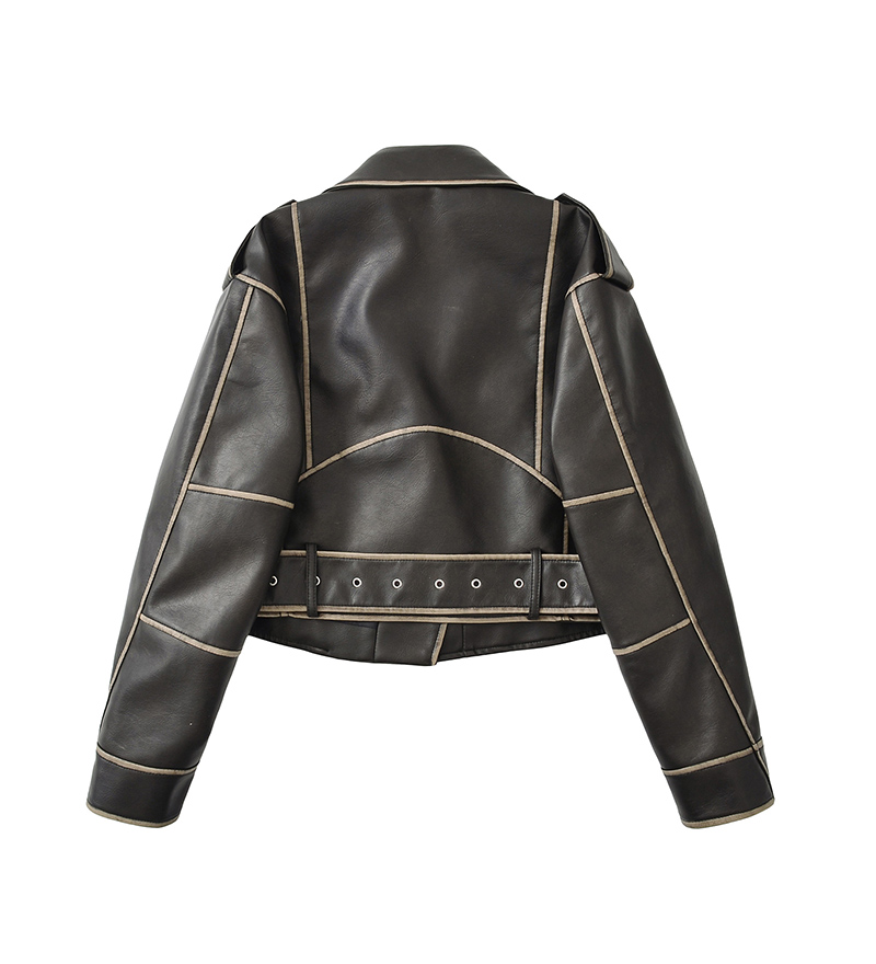 American Retro Style Brown Leather Jacket for Women - Fall Cotton Moto Lapel Couples Coat