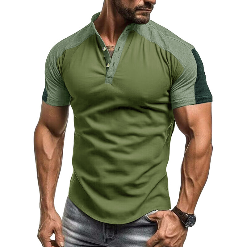 Mens Outdoor Sports Henley Shirt Mens Short sleeved Standing Neck T-shirt Fitness T-shirt Top