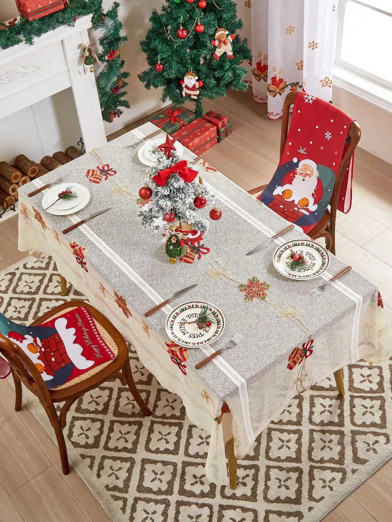 Christmas Beige Christmas Tablecloth Bell Decorations for Home - Red Plaid Christmas lace tablecloth Y251113