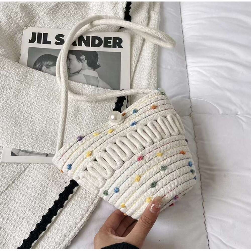 Handmade Beach Bag Pearl Cotton Thread Women's 2025 New Pearl Grass Woven Beach Vacation Shoulder Bag, Crossbody Small Bag Kq2